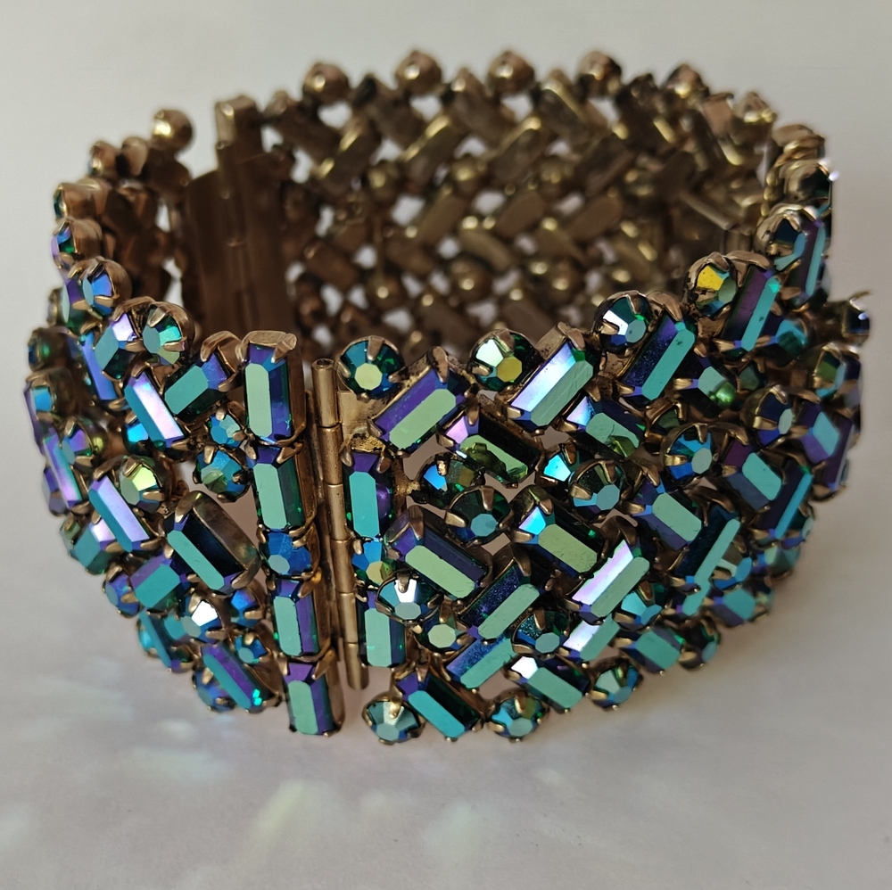 Signed Sherman Iridescent Blue-Green Aurora Borealis Crystal Rigid Cuff Bracelet